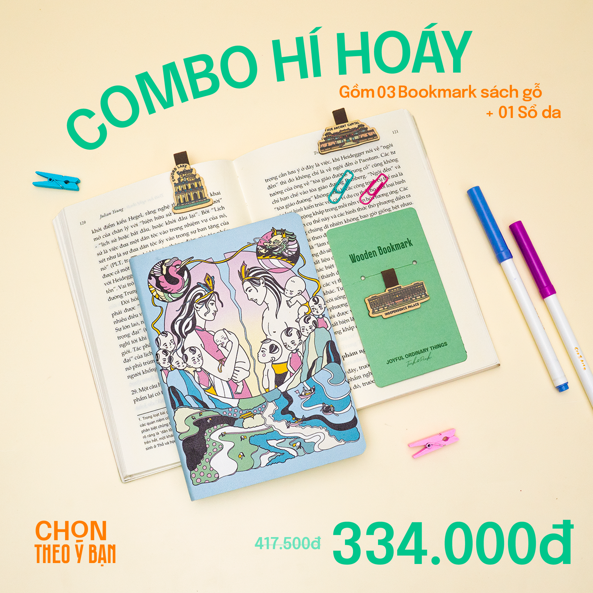 COMBO HÍ HOÁY: Gồm 03 Bookmark Sách Gỗ + 01 Sổ da