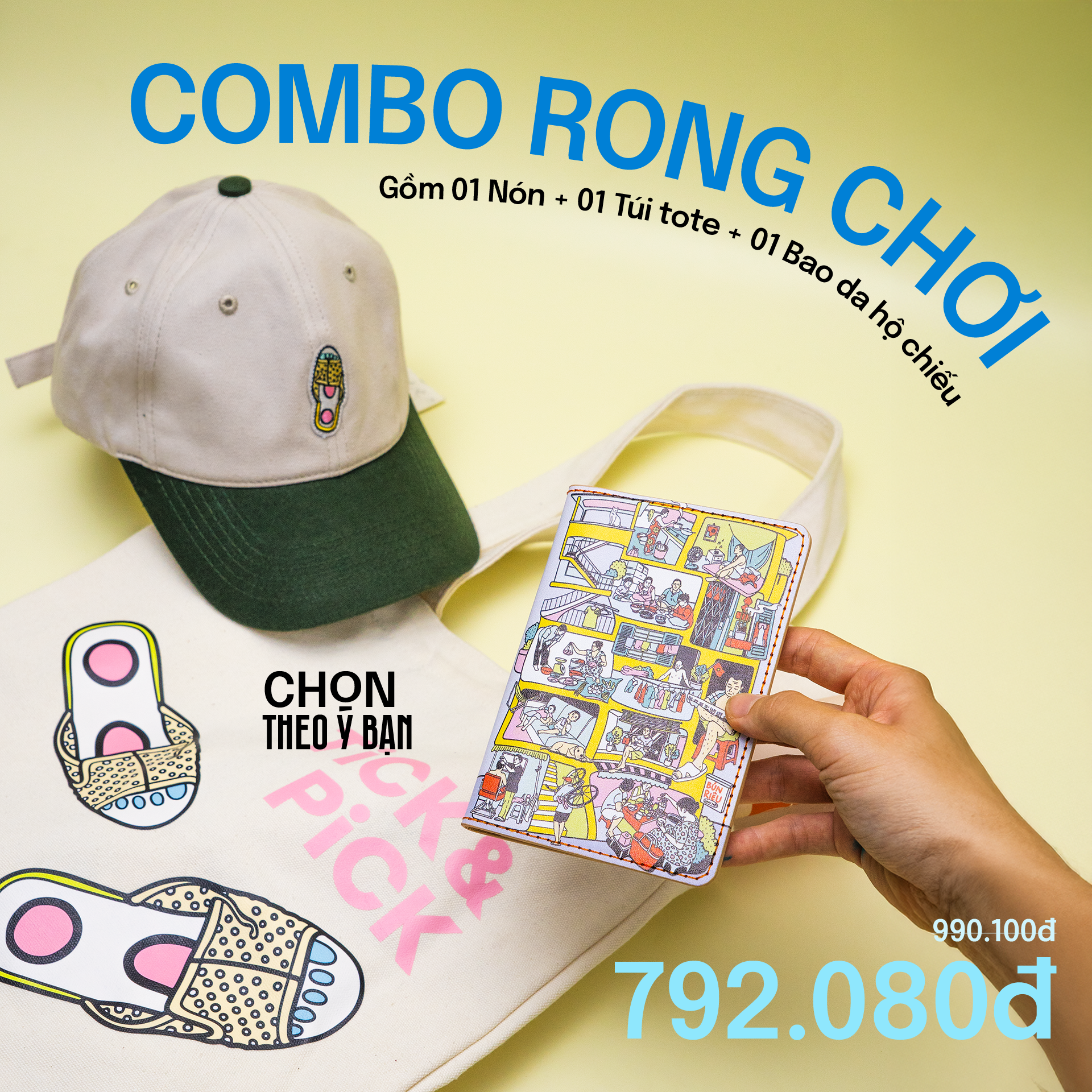 COMBO RONG CHƠI: Gồm 01 Túi Tote + 01 Bao da Hộ chiếu + 01 Nón